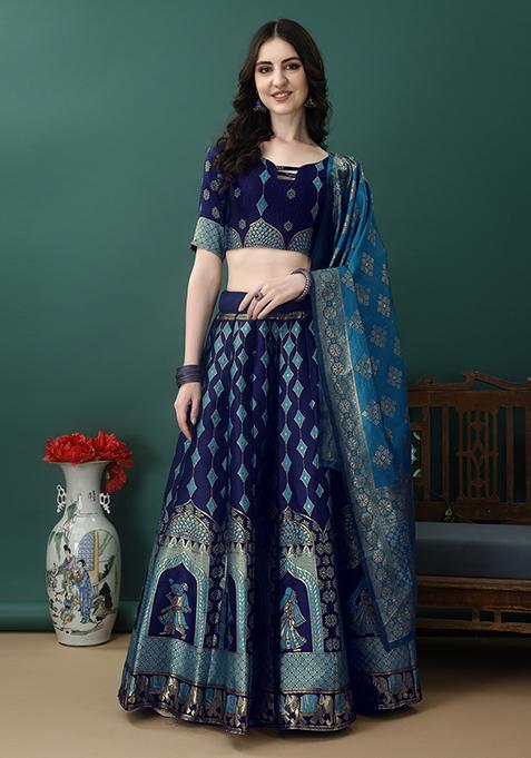 Navy Blue Embroidered Soft Silk Jacquard Lehenga Set