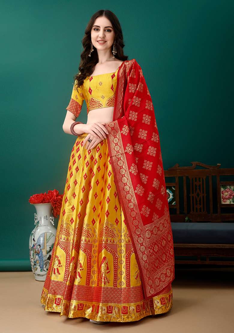 Multicolour Embroidered Soft Silk Blend Jacquard Lehenga Set for Diwali and Festive Wear - Indya