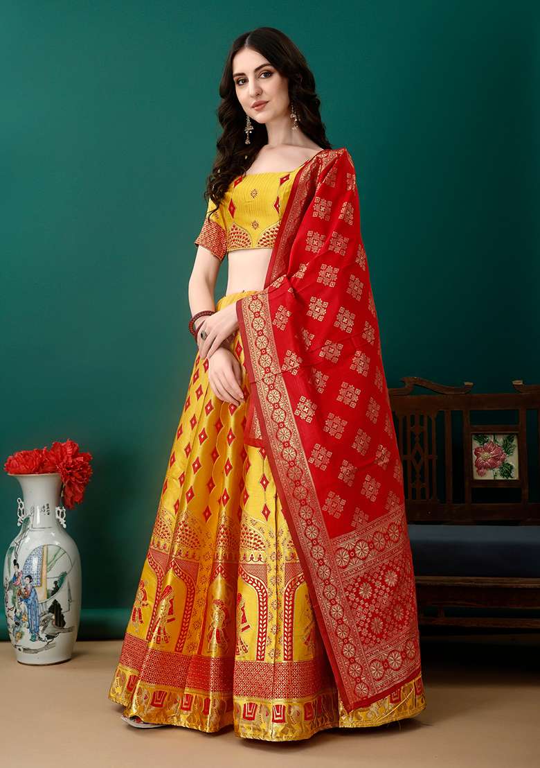 Multicolour Embroidered Soft Silk Blend Jacquard Lehenga Set for Diwali and Festive Wear - Indya