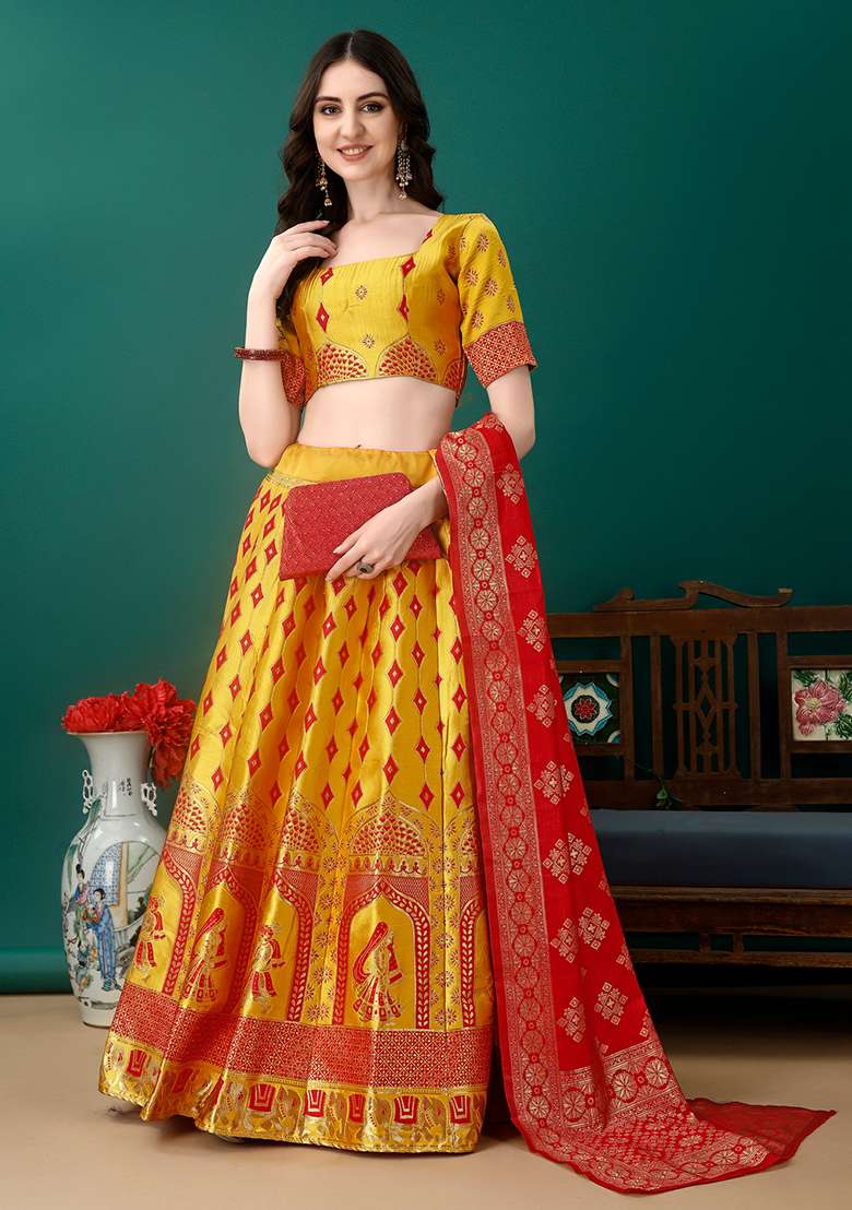 Multicolour Embroidered Soft Silk Blend Jacquard Lehenga Set for Diwali and Festive Wear - Indya
