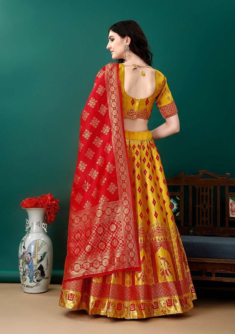 Multicolour Embroidered Soft Silk Blend Jacquard Lehenga Set for Diwali and Festive Wear - Indya