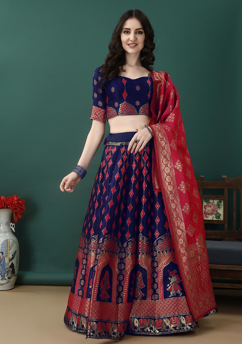 Purple Embroidered Soft Silk Jacquard Lehenga Set