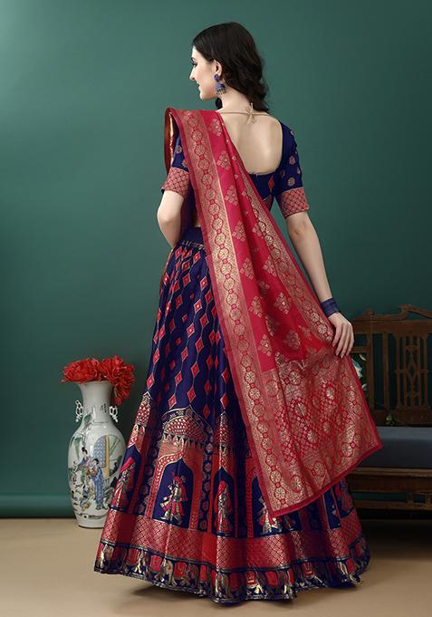 Purple Embroidered Soft Silk Jacquard Lehenga Set