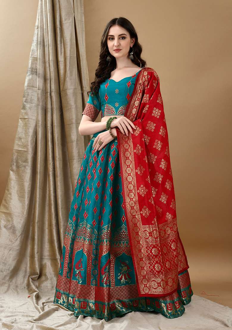 Rama Blue Soft Jacquard Silk Blend Lehenga Set with Embroidered for Diwali | Wedding & Festive Wear - Indya