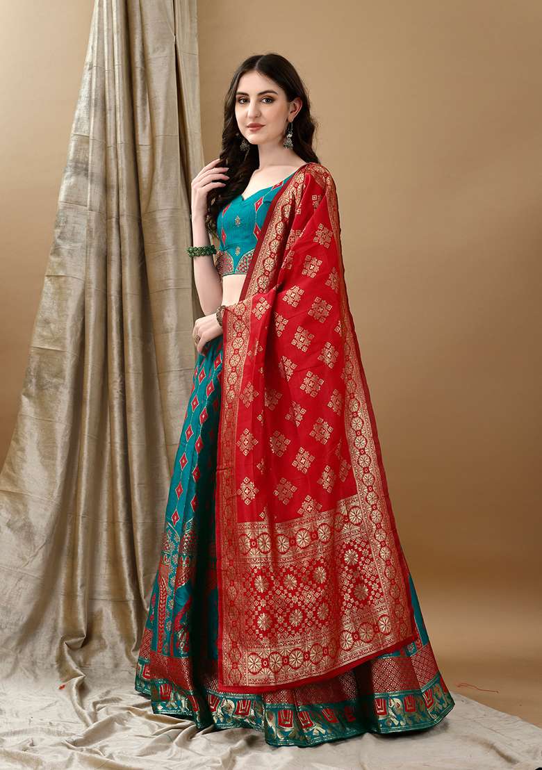 Rama Blue Soft Jacquard Silk Blend Lehenga Set with Embroidered for Diwali | Wedding & Festive Wear - Indya