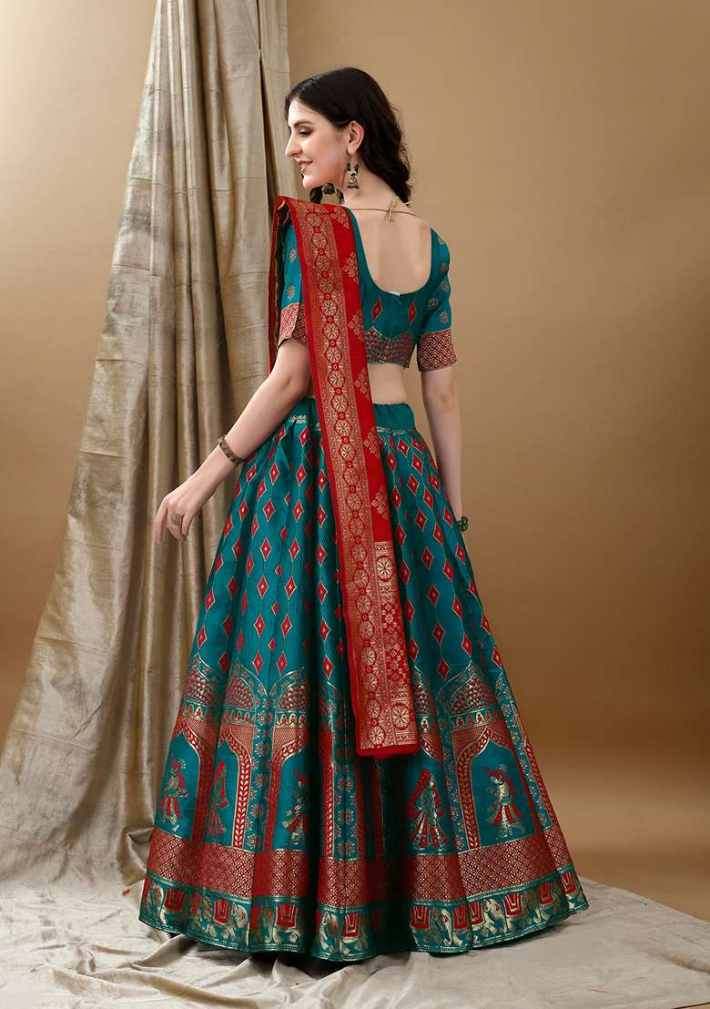 Rama Blue Soft Jacquard Silk Blend Lehenga Set with Embroidered for Diwali | Wedding & Festive Wear - Indya