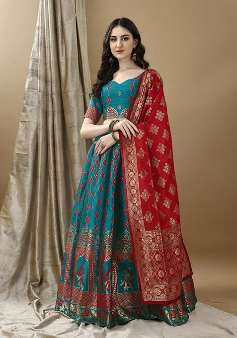 Rama Blue Embroidered Soft Silk Jacquard Lehenga Set