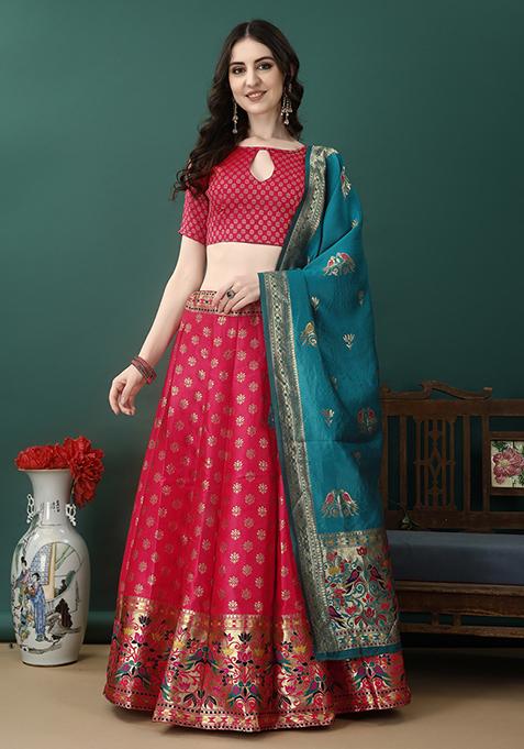 Peach Embroidered Soft Silk Jacquard Lehenga Set