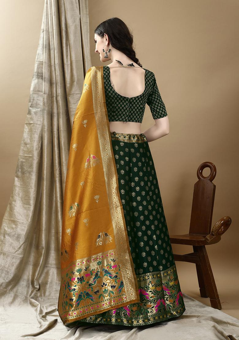 Green Embroidered Soft Silk Jacquard Lehenga Set