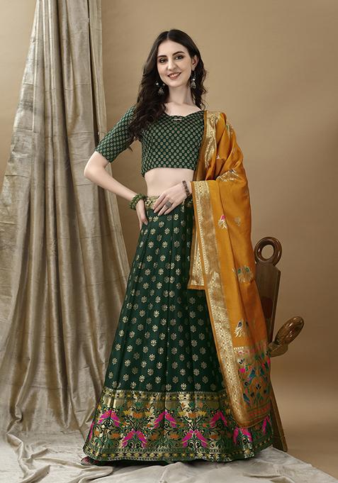 Green Embroidered Soft Silk Jacquard Lehenga Set