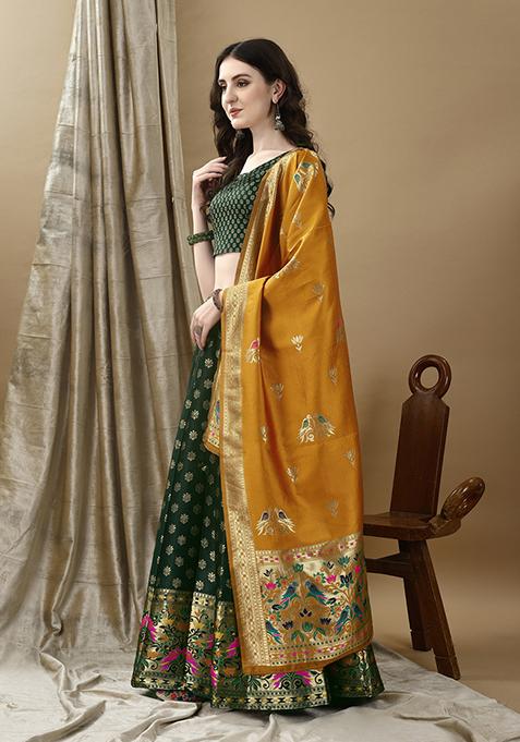 Green Embroidered Soft Silk Jacquard Lehenga Set