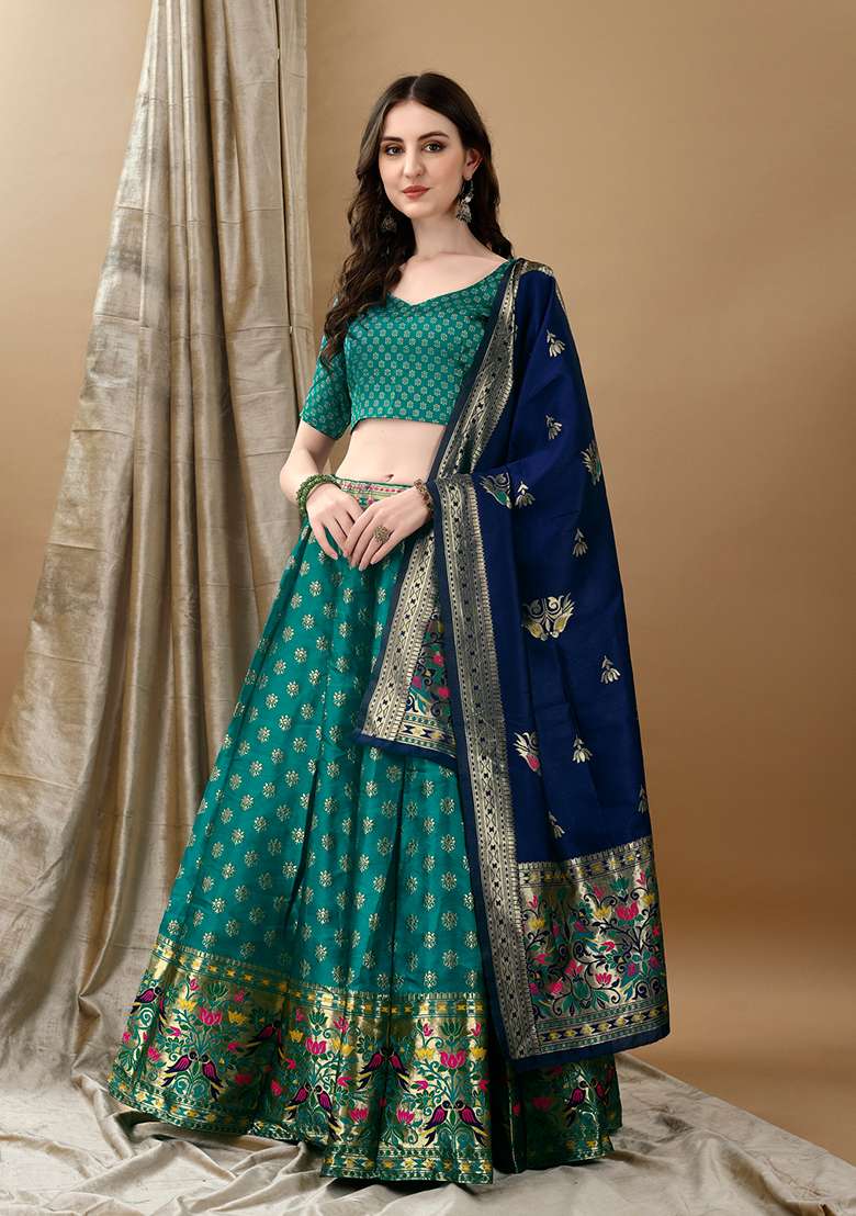 Rama Green Embroidered Soft Silk Blend Jacquard Lehenga Set for Diwali and Festive Wear - Indya
