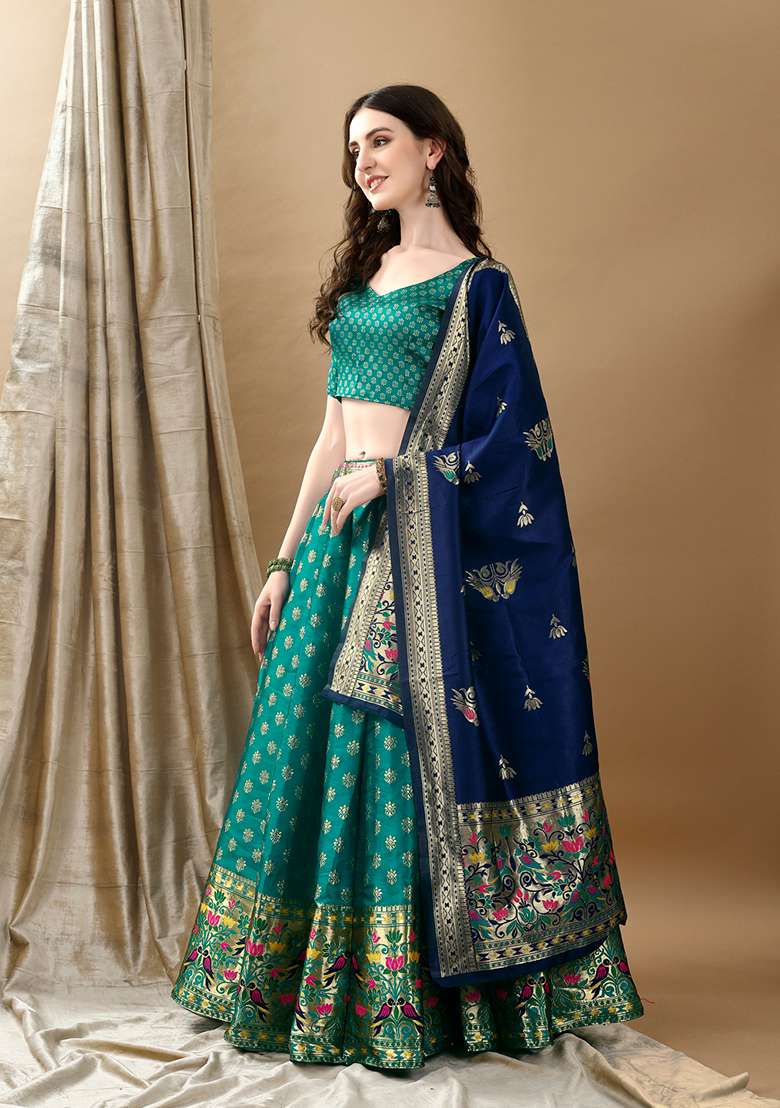Rama Green Embroidered Soft Silk Blend Jacquard Lehenga Set for Diwali and Festive Wear - Indya