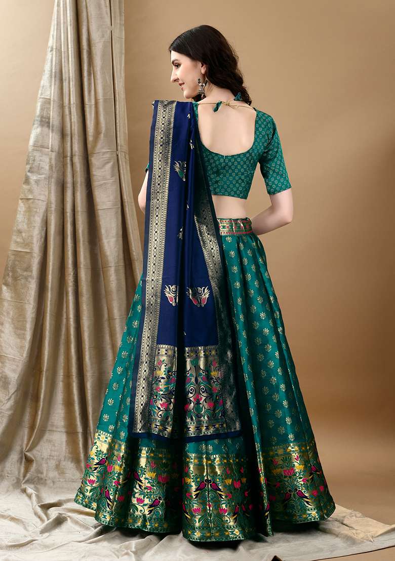 Rama Green Embroidered Soft Silk Blend Jacquard Lehenga Set for Diwali and Festive Wear - Indya