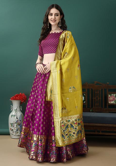 Purple Embroidered Soft Silk Jacquard Lehenga Set