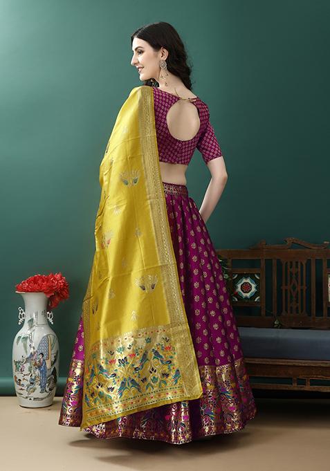 Purple Embroidered Soft Silk Jacquard Lehenga Set
