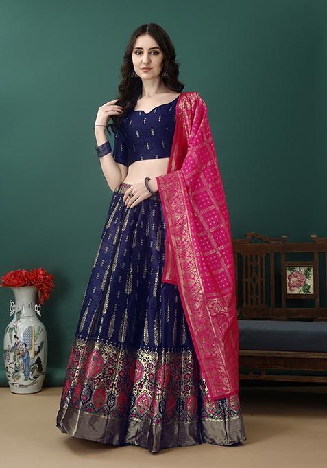 Navy Blue Embroidered Soft Silk Jacquard Lehenga Set