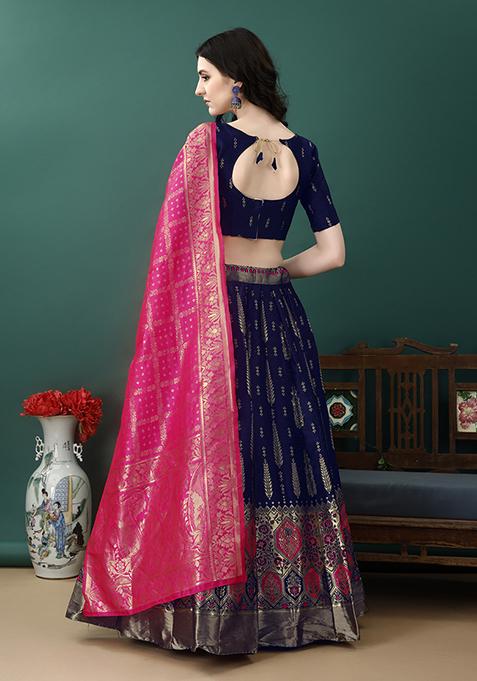 Navy Blue Embroidered Soft Silk Jacquard Lehenga Set