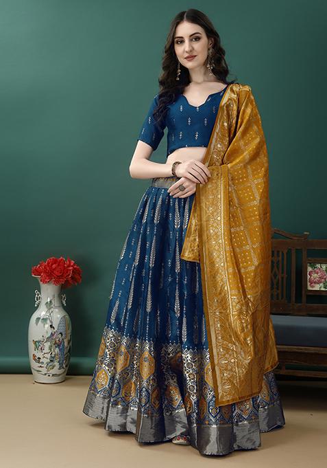 Morpich Embroidered Soft Silk Jacquard Lehenga Set