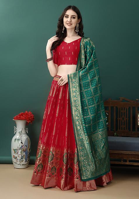 Red Embroidered Soft Silk Jacquard Lehenga Set