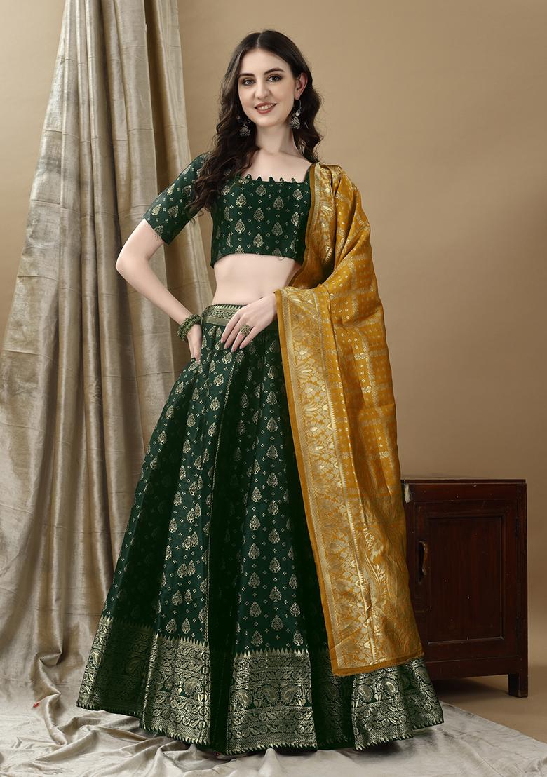 Green Embroidered Soft Silk Jacquard Lehenga Set