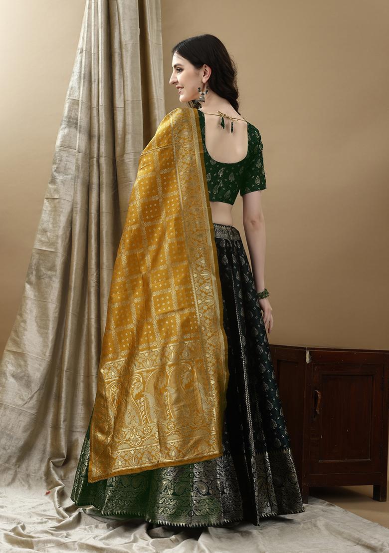Green Embroidered Soft Silk Jacquard Lehenga Set
