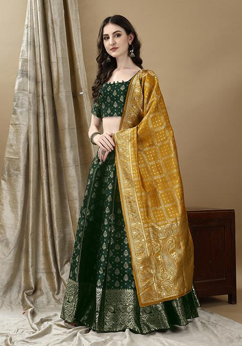 Green Embroidered Soft Silk Jacquard Lehenga Set