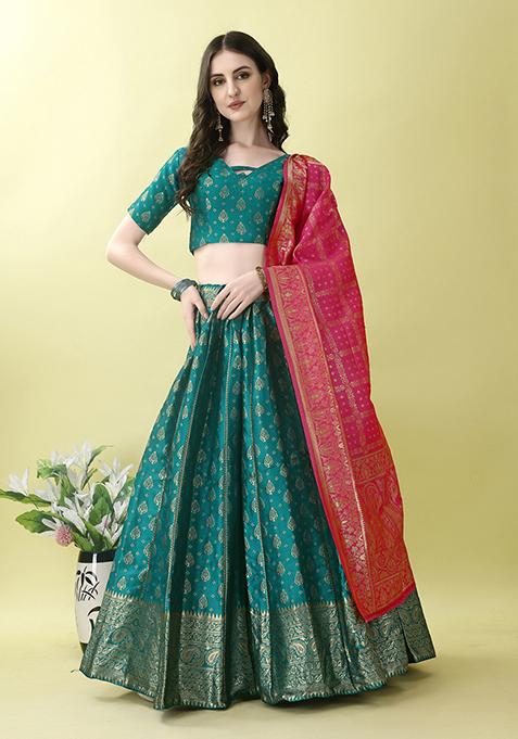 Firozi Embroidered Soft Silk Jacquard Lehenga Set