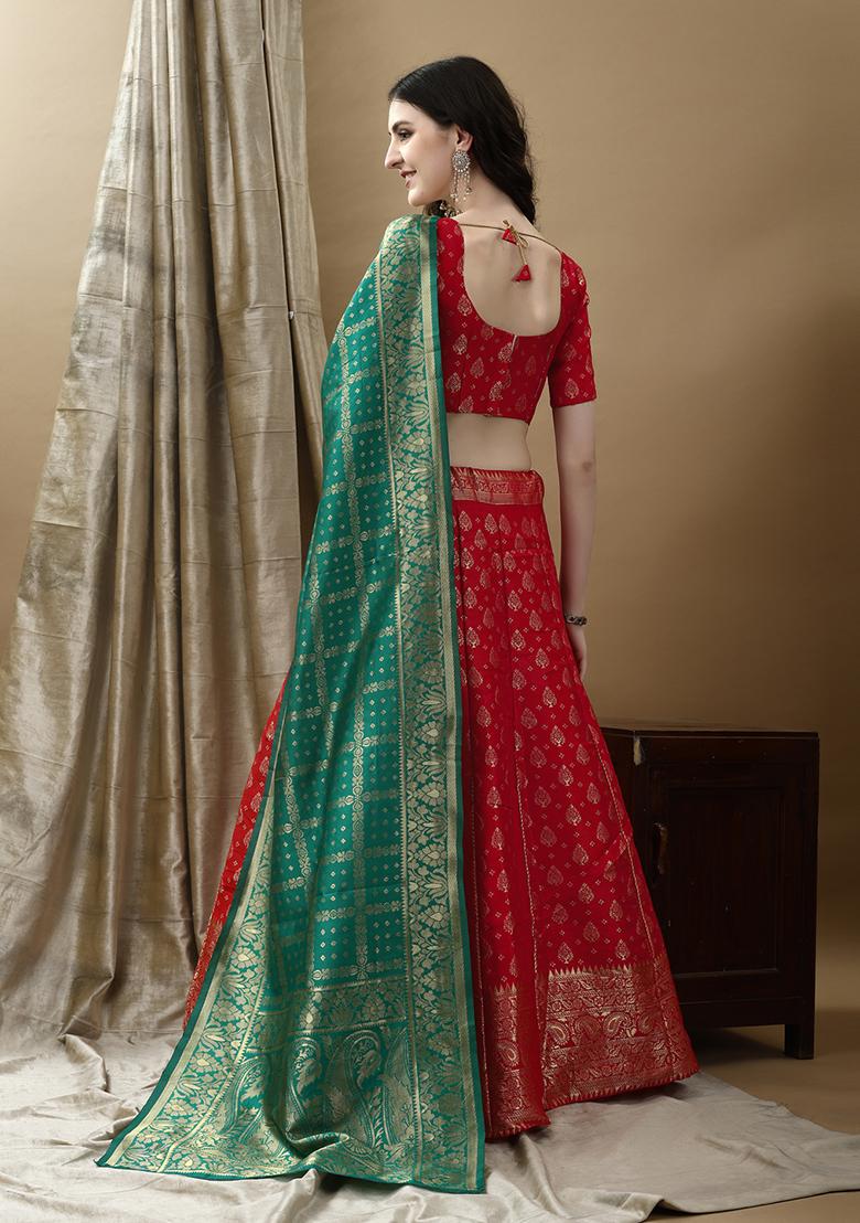 Red Embroidered Soft Silk Jacquard Lehenga Set