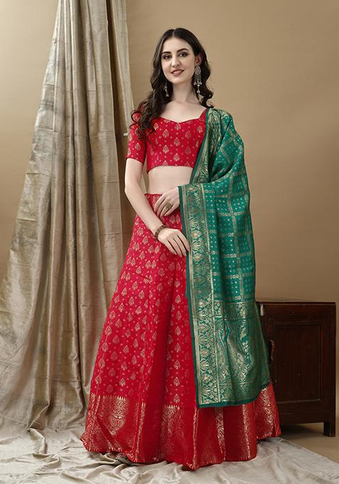 Red Embroidered Soft Silk Jacquard Lehenga Set