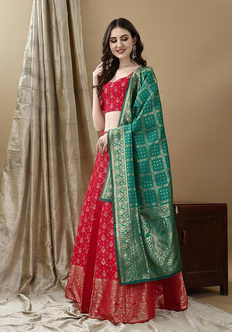 Red Embroidered Soft Silk Jacquard Lehenga Set