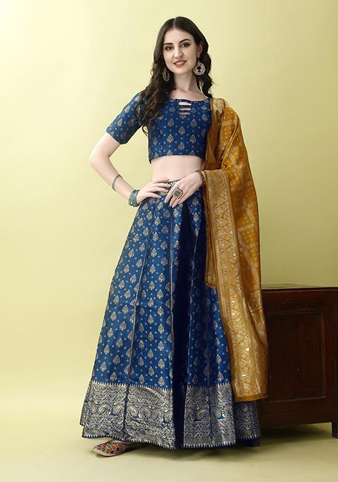 Morpich Embroidered Soft Silk Jacquard Lehenga Set