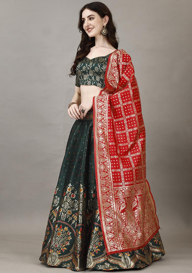 Green Embroidered Soft Silk Jacquard Lehenga Set