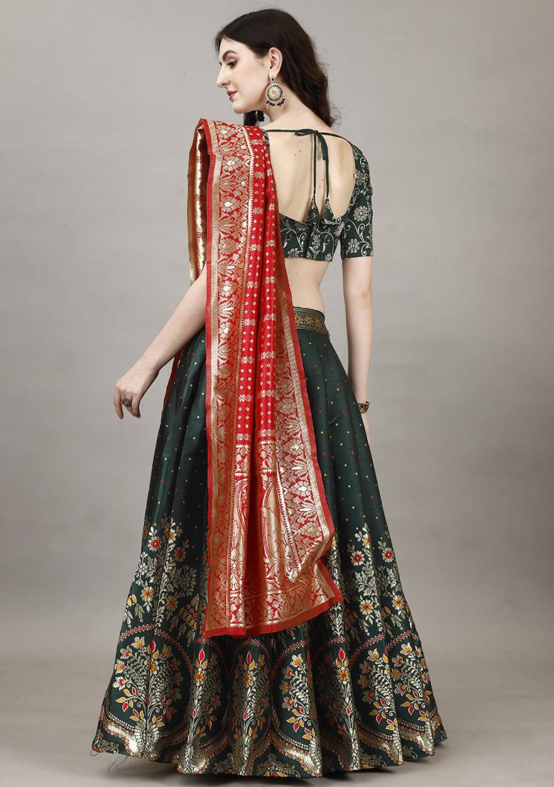 Green Embroidered Soft Silk Jacquard Lehenga Set