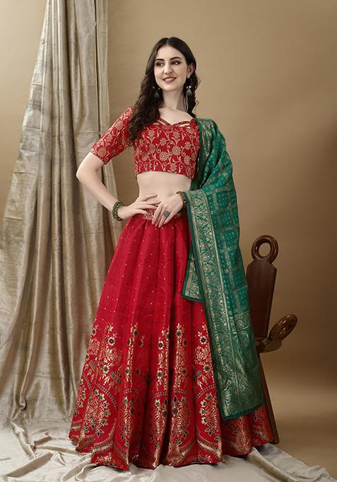 Red Embroidered Soft Silk Jacquard Lehenga Set