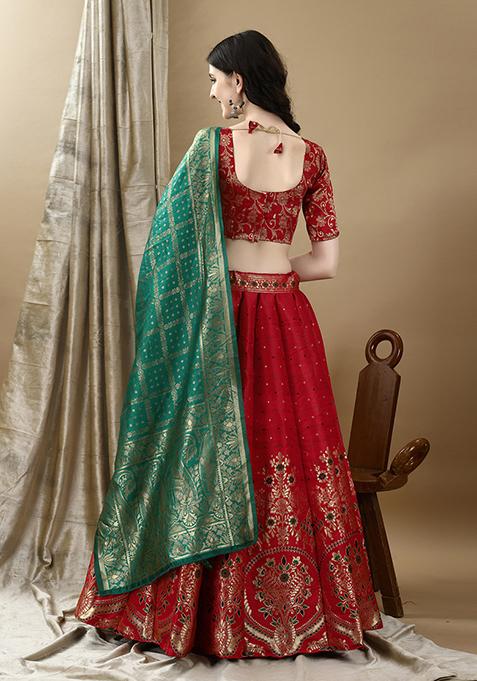 Red Embroidered Soft Silk Jacquard Lehenga Set