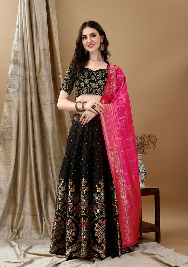 Black Soft Jacquard Silk Blend Lehenga Set with Embroidered for Diwali | Wedding & Festive Wear - Indya