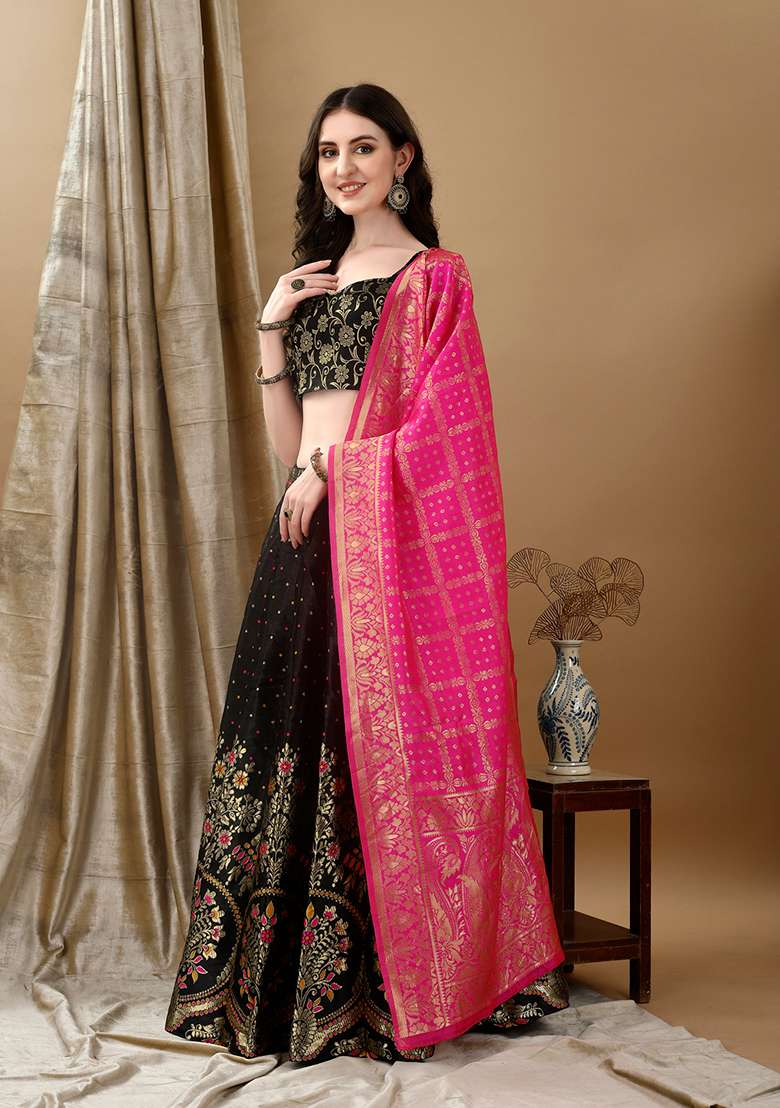 Black Soft Jacquard Silk Blend Lehenga Set with Embroidered for Diwali | Wedding & Festive Wear - Indya