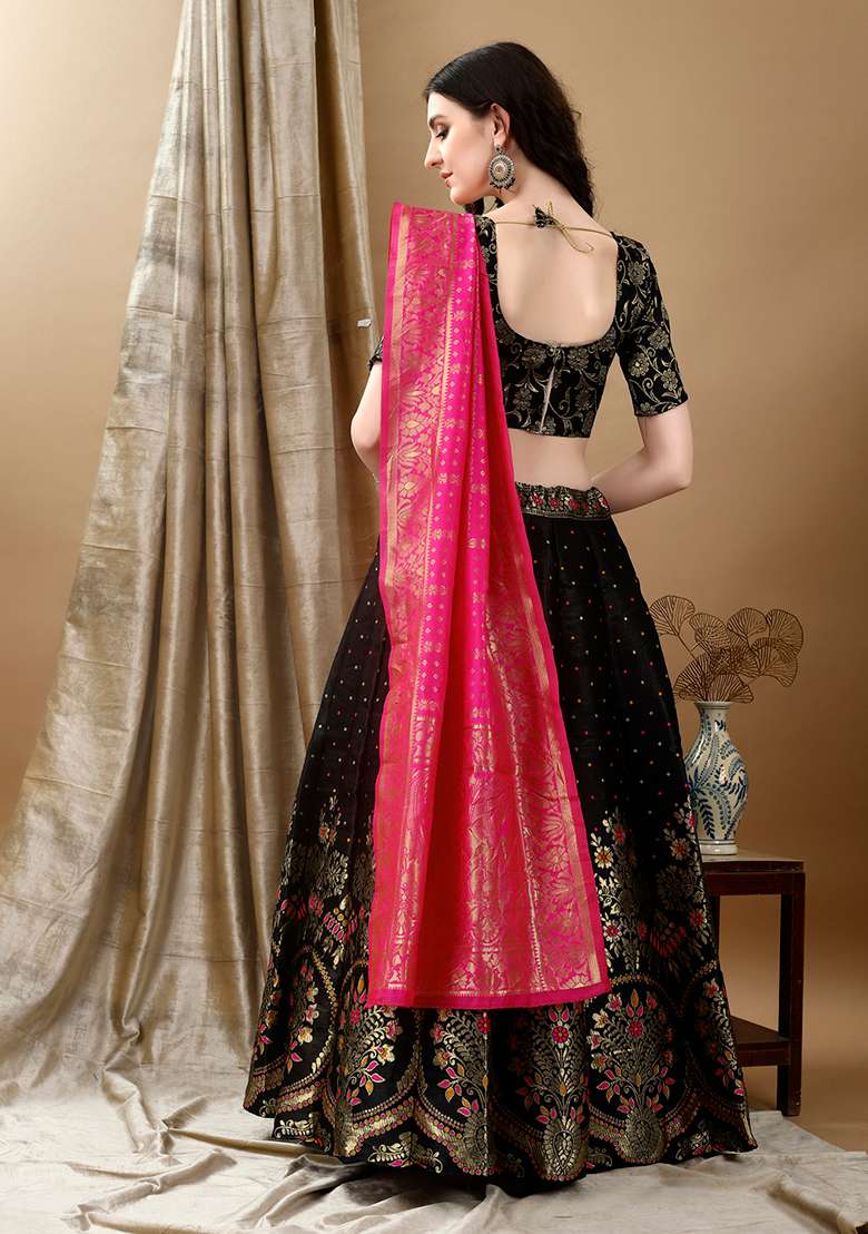 Black Soft Jacquard Silk Blend Lehenga Set with Embroidered for Diwali | Wedding & Festive Wear - Indya