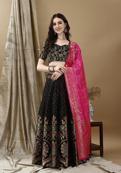 Black Embroidered Soft Silk Jacquard Lehenga Set