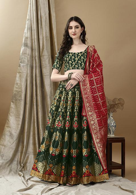 Green Embroidered Soft Silk Jacquard Lehenga Set