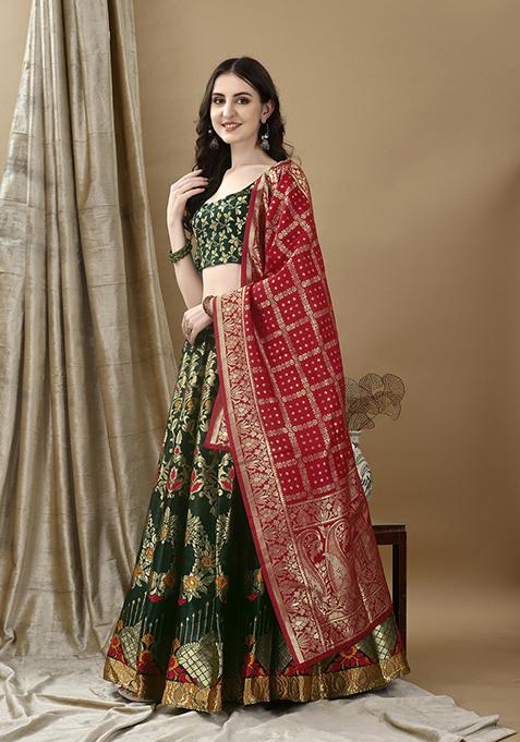 Green Embroidered Soft Silk Jacquard Lehenga Set