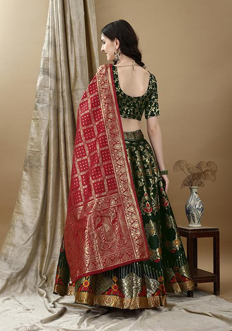 Green Embroidered Soft Silk Jacquard Lehenga Set