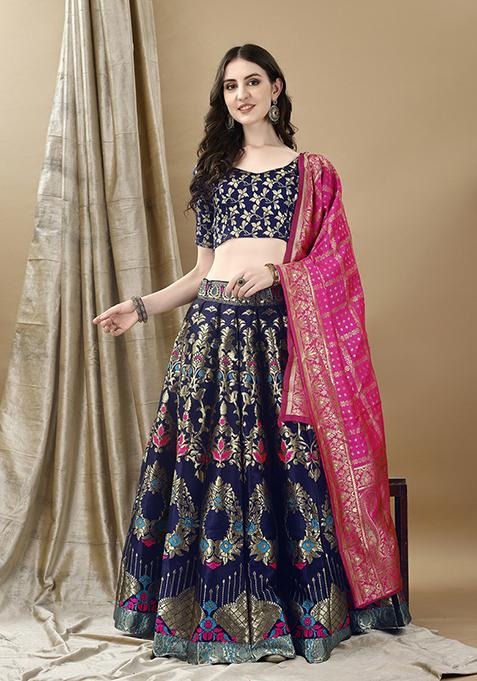 Navy Blue Embroidered Soft Silk Jacquard Lehenga Set