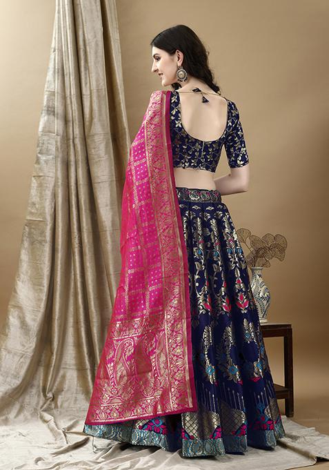 Navy Blue Embroidered Soft Silk Jacquard Lehenga Set
