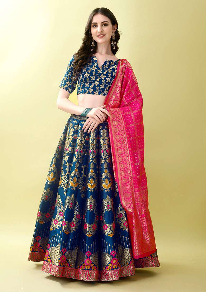 Morpich Soft Jacquard Silk Blend Lehenga Set with Embroidered for Diwali | Wedding & Festive Wear - Indya