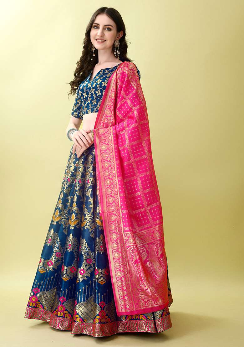 Morpich Soft Jacquard Silk Blend Lehenga Set with Embroidered for Diwali | Wedding & Festive Wear - Indya