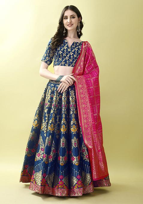 Morpich Embroidered Soft Silk Jacquard Lehenga Set