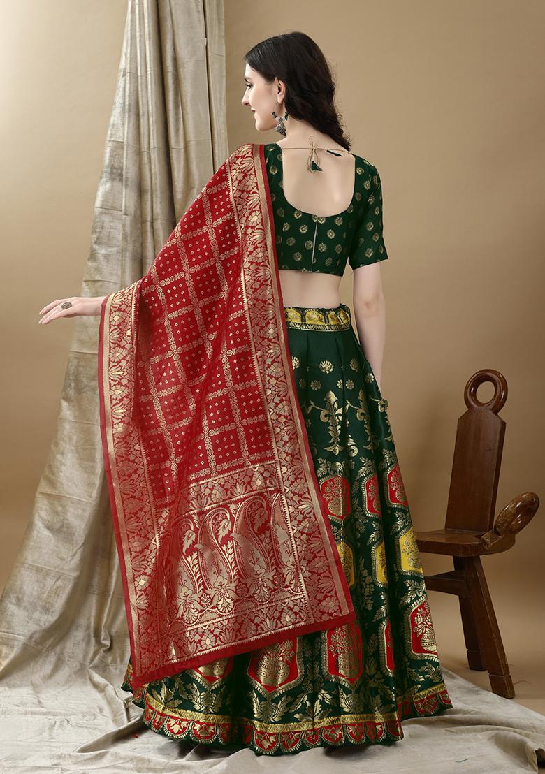 Green Embroidered Soft Silk Jacquard Lehenga Set