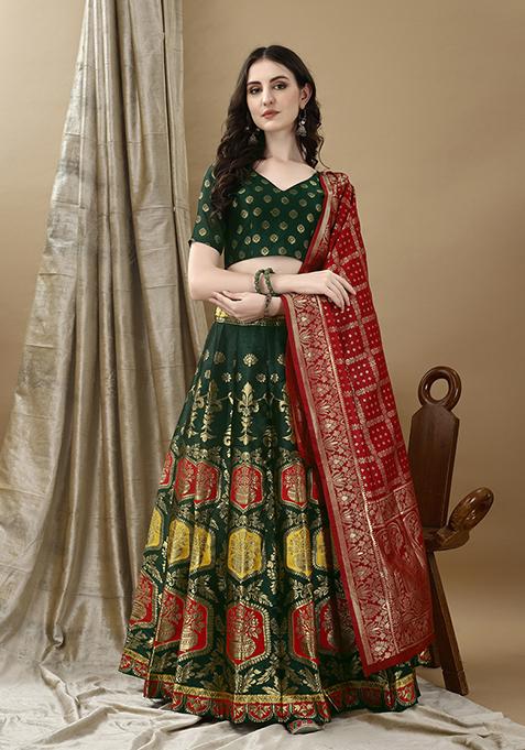 Green Embroidered Soft Silk Jacquard Lehenga Set